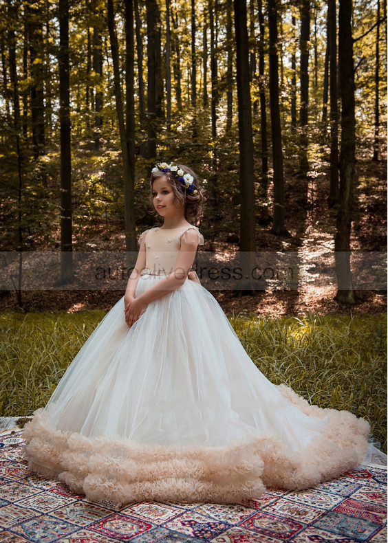 Cap Sleeves Champagne Satin Tulle Flower Girl Dress Party Dress